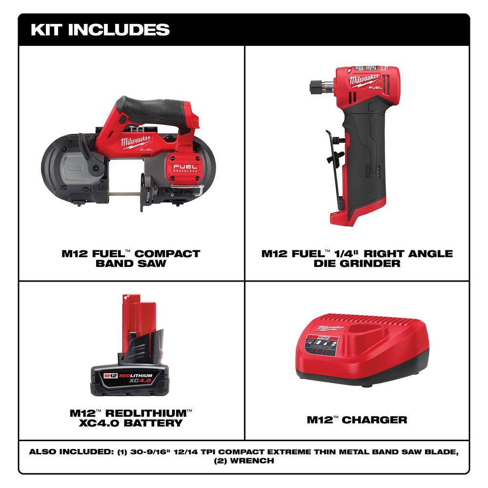 MW M12 FUEL 12-Volt Lithium-Ion Cordless Compact Band Saw  M12 FUEL 14 in. Right Angle Die Grinder with Battery  Charger 48-59-2440-2529-20-2485-20