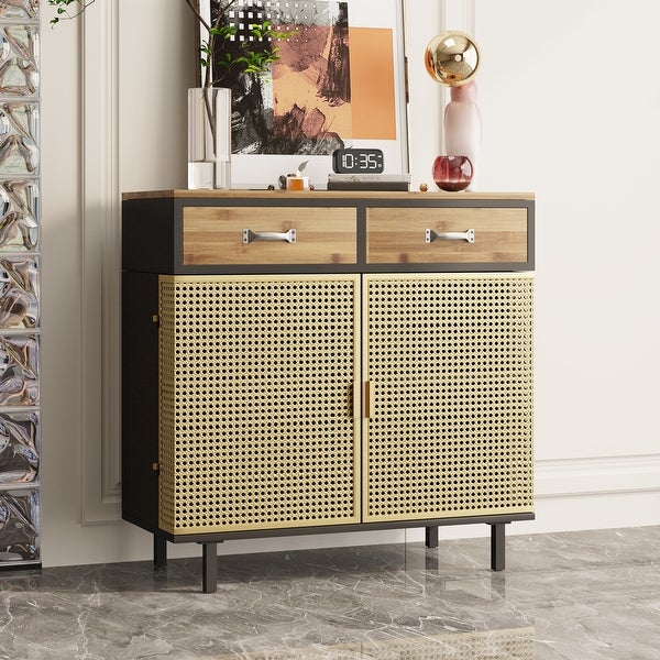 2 Drawer Wood Accent Storage Cabinet with Iron Grid Doors