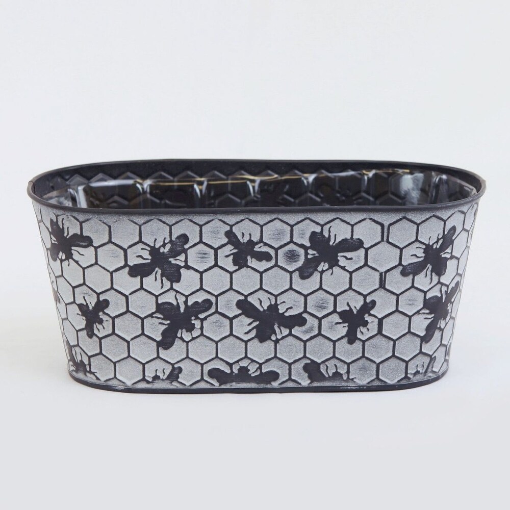 Black Bees On White Washed Honey Comb Pattern Metal Planter