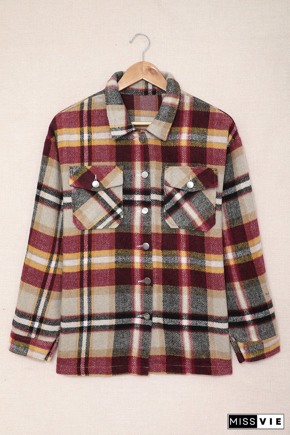 Geometric Plaid Print Pocketed Shirt