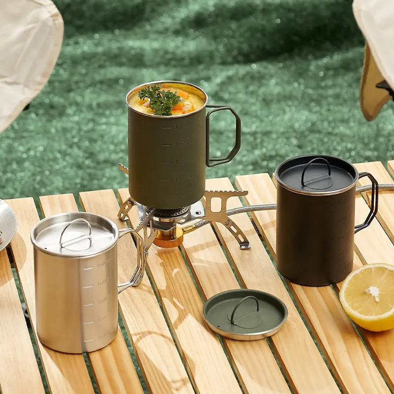 Camping Hiking Gear Cup Outdoor Mug Stainless Steel Pot with Lid 500ml Water Cup Bushcraft Backpack Cookware Equipment Factory