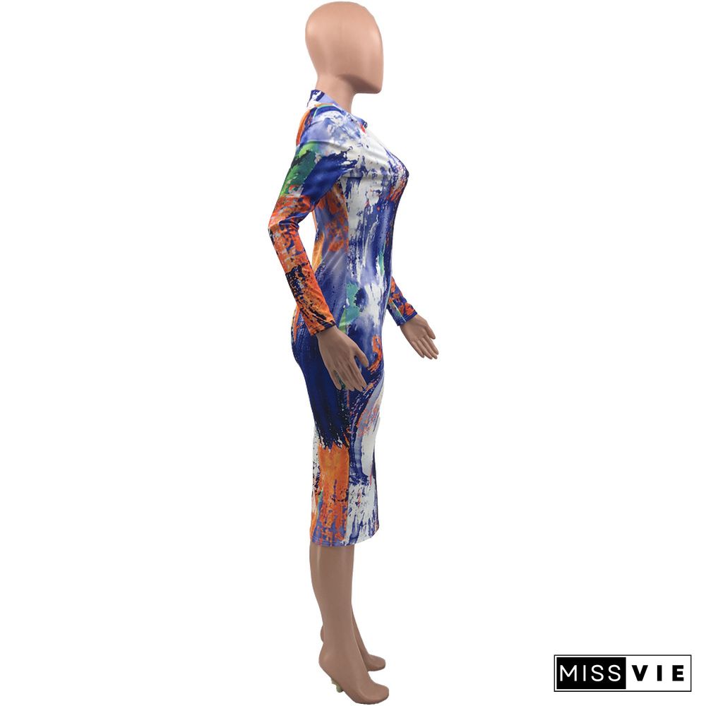 O-neck Tie Dye Printed Long Sleeve Casual Dress