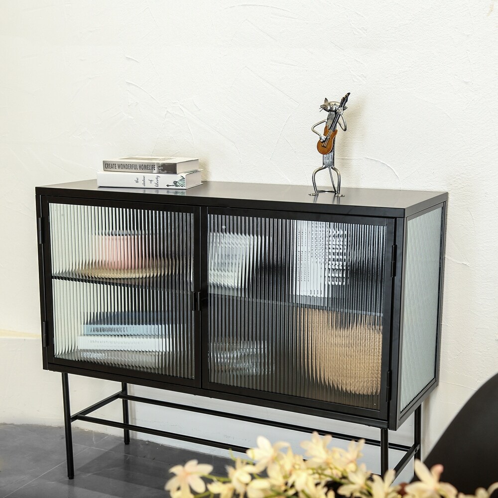 Sideboard Storage Cabinet With Two Fluted Glass Doors