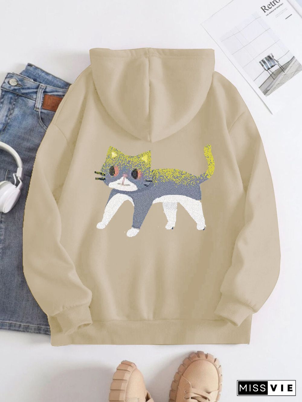 Printed on the Back Kangaroo Pocket Hoodie Long Sleeve for Women Pattern Cat