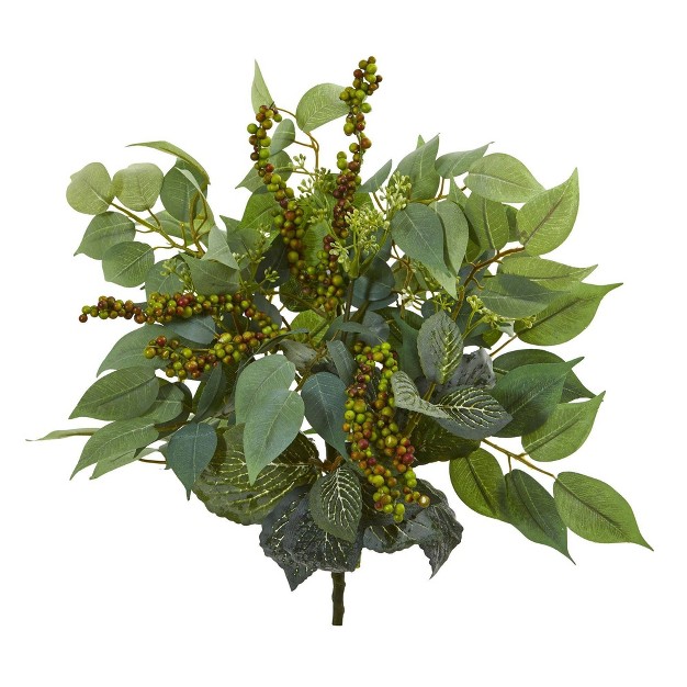 Nearly Natural 14-in Mixed Ficus， Fittonia And Berries Bush Artificial Plant (set Of 6)