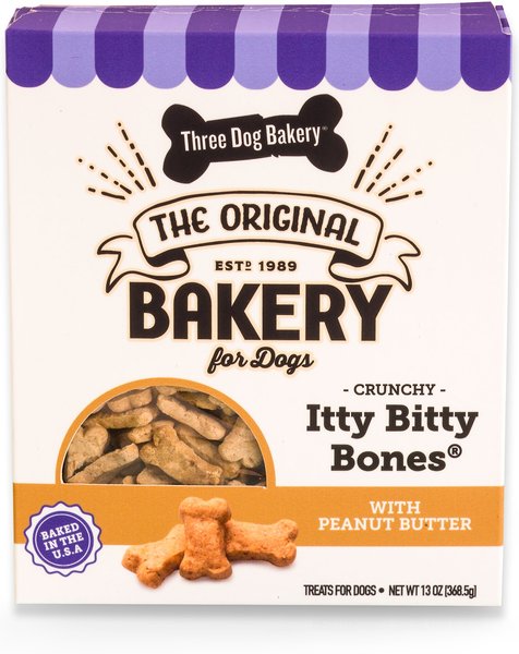 Three Dog Bakery Itty Bitty Bones With Peanut Butter Dog Treats， 13-oz box