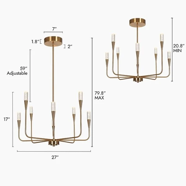 Mid-century Modern Gold LED Chandelier 8-Light Candle Metal Ceiling Light for Dining Room