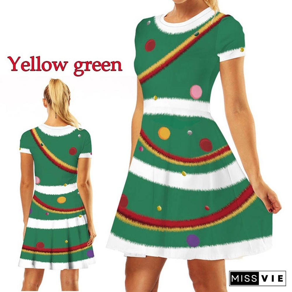 Fashion Christmas Elf Digital Print Women's Short Sleeve Slim Dress