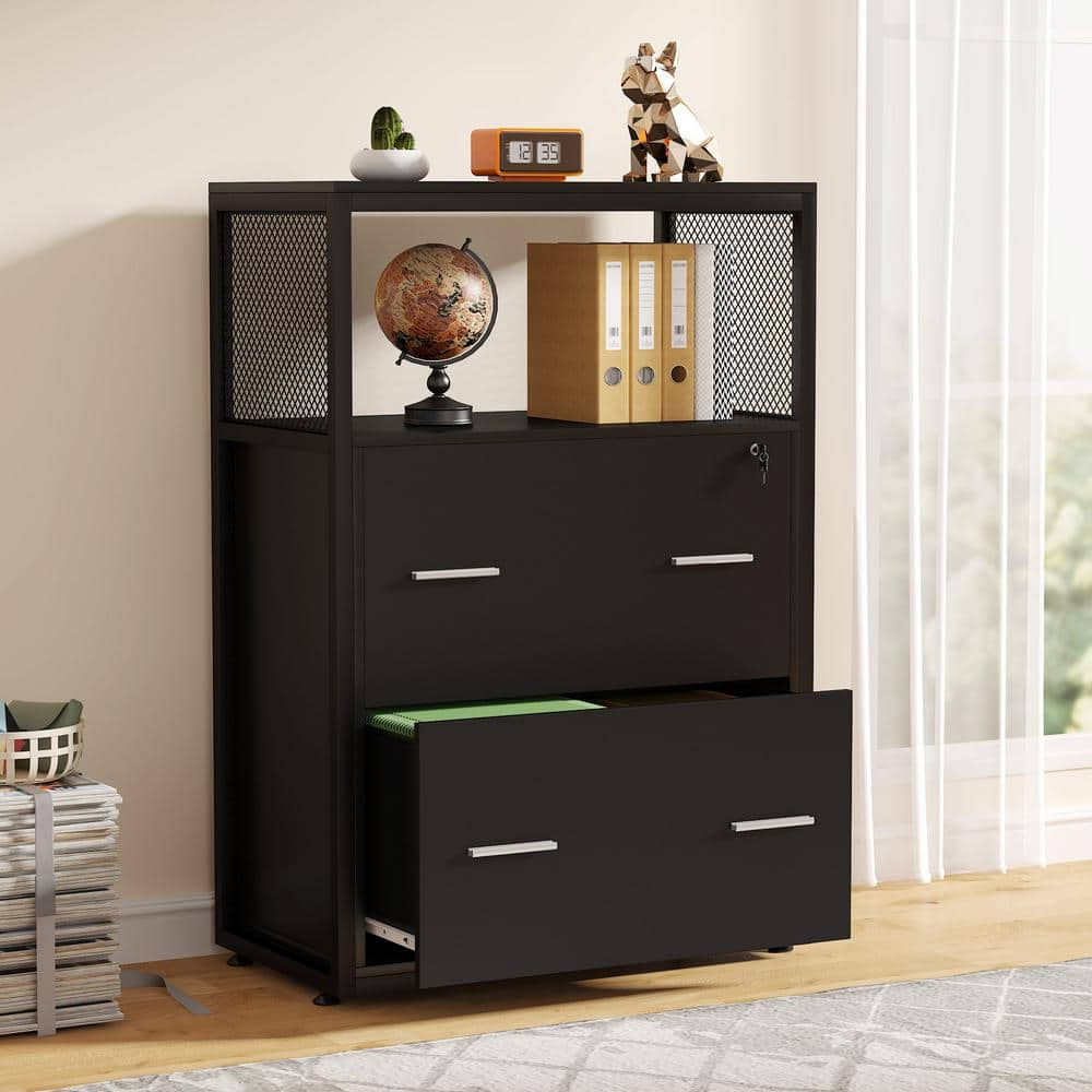 BYBLIGHT Black File Cabinet with Lockable File Drawers and Open Storage Shelf BB-C0341FF