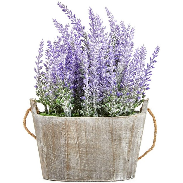 Artificial Lavender Fake Flower Plant In Rustic Oval Wooden Box For Decorations