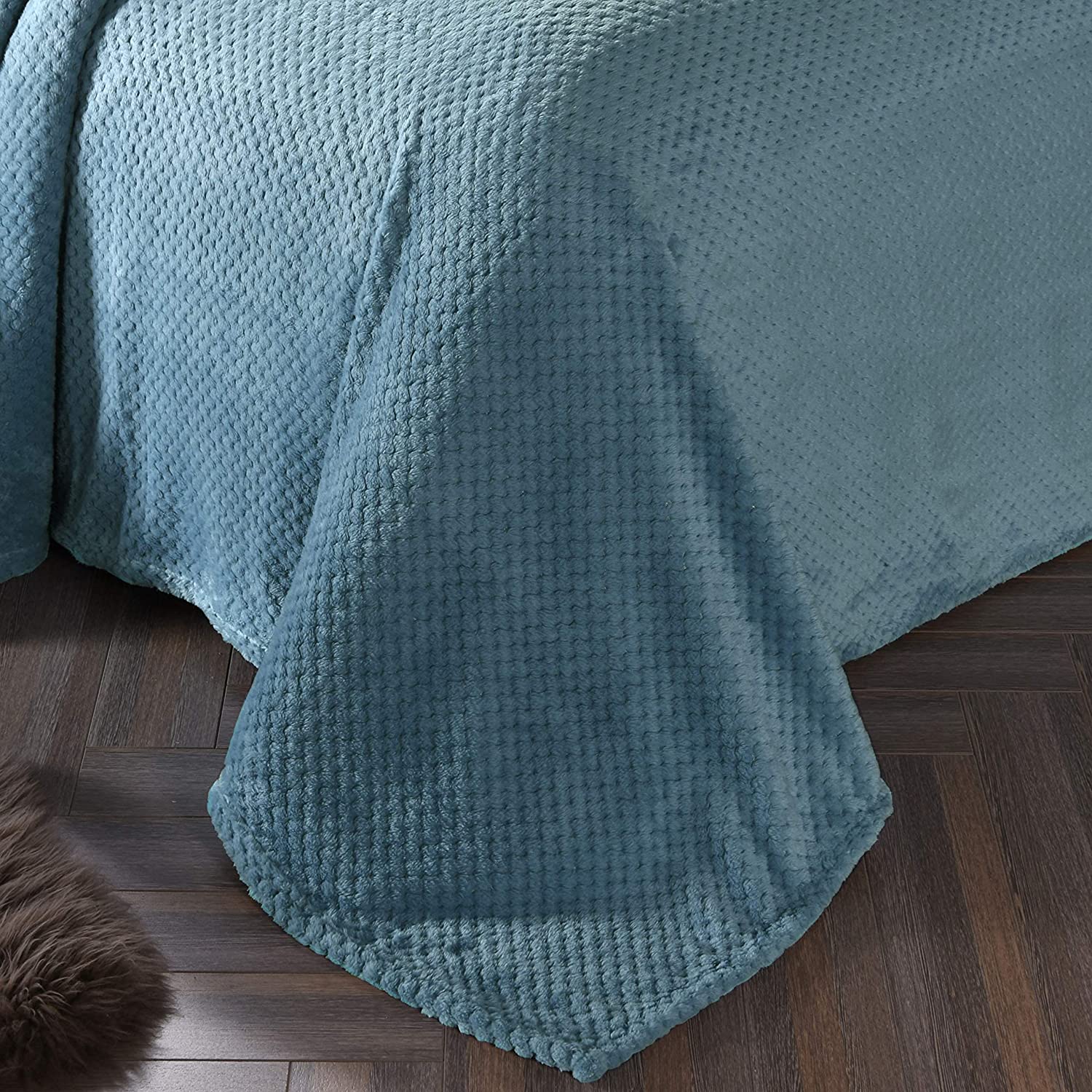 Exclusivo Mezcla Waffle Textured Soft Fleece Blanket，Twin Size Bed Blanket (Slate Blue，90x66 inch)-Cozy，Warm and Lightweight