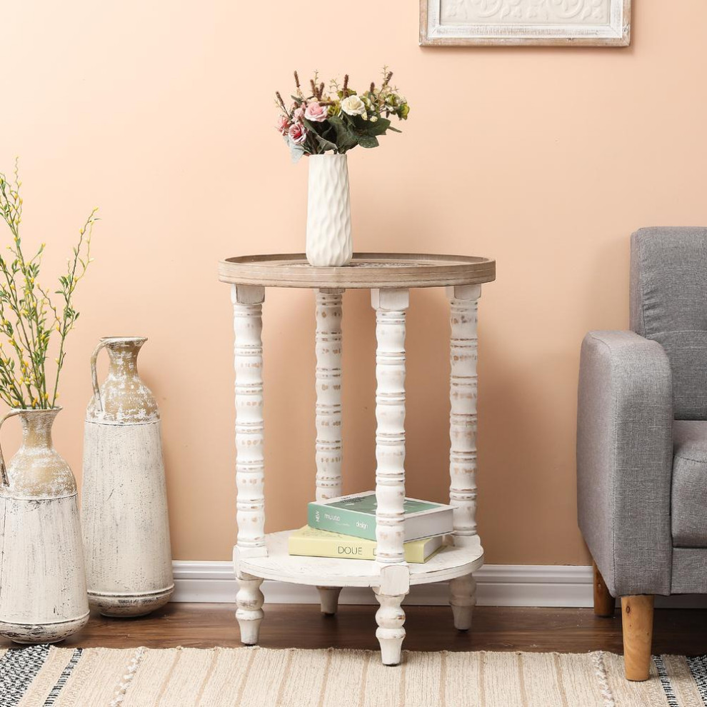 White and Natural Wood Round Accent Side Table with Storage   French Country   Side Tables And End Tables   by Homesquare  Houzz