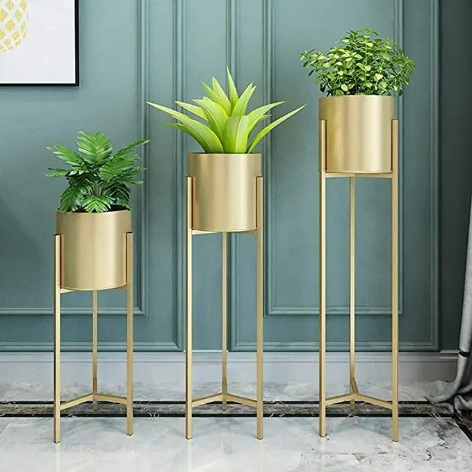 Classic Planter Pot with stand set of 2 for home   Garden Decor Gold color Unique metal planter pots with stands Garden Supplies