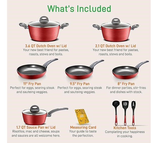 Nutrichef Ridge Line Nonstick Kitchen Pots And Pans 12 Piece Set Red