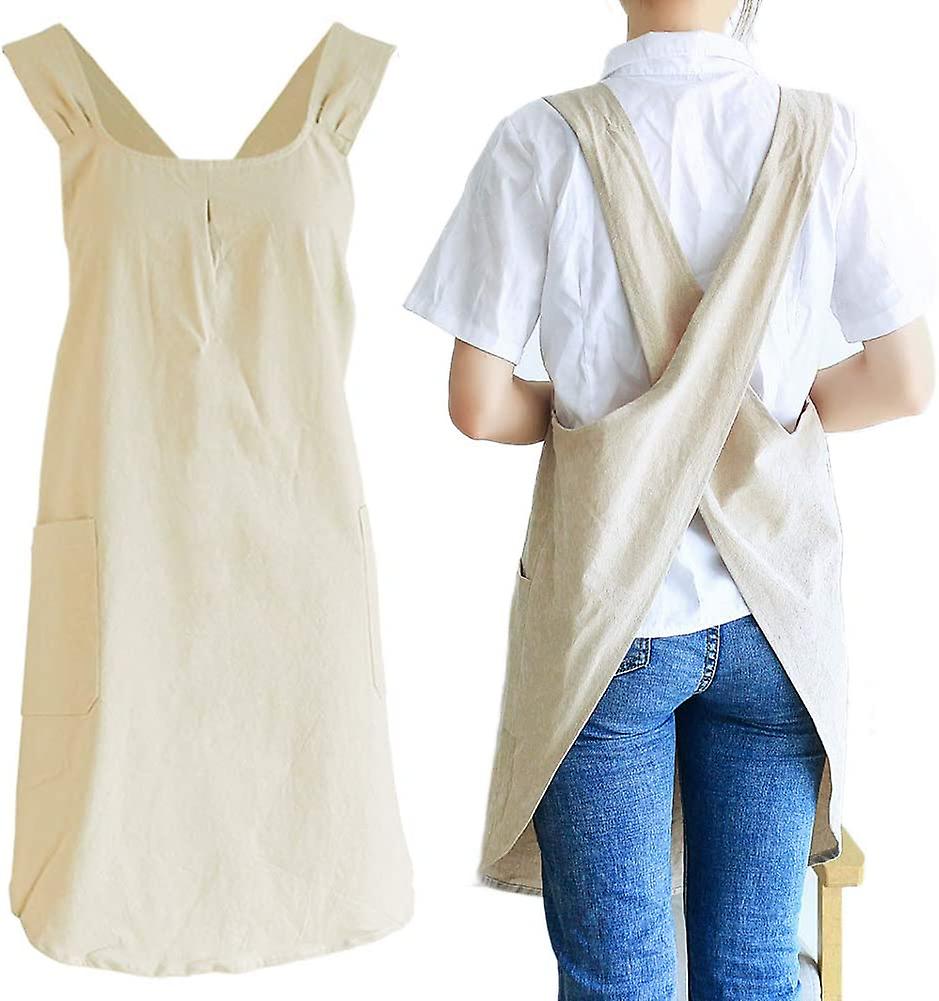 Japanese Linen Cross Back Kitchen Cooking Aprons For Women With Pockets Cute For Baking Painting Gardening Cleaning Khaki