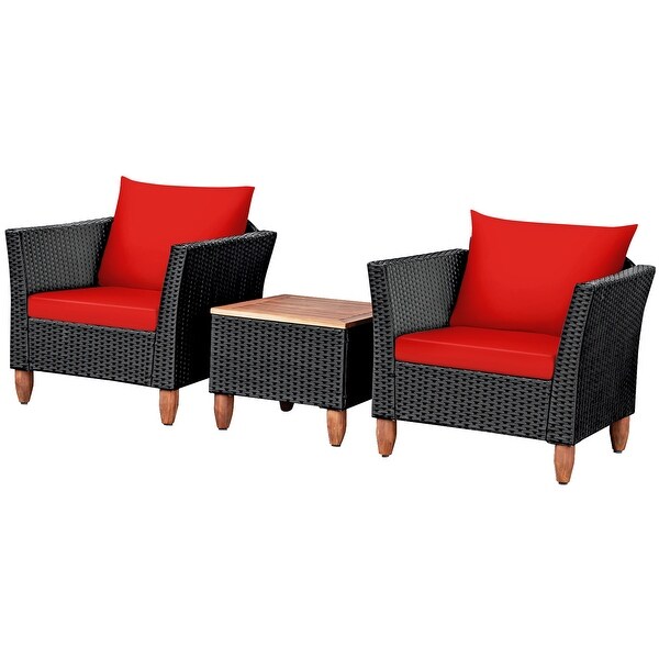 Gymax 3PCS Patio Rattan Conversation Furniture Set Yard Outdoor w/ Red