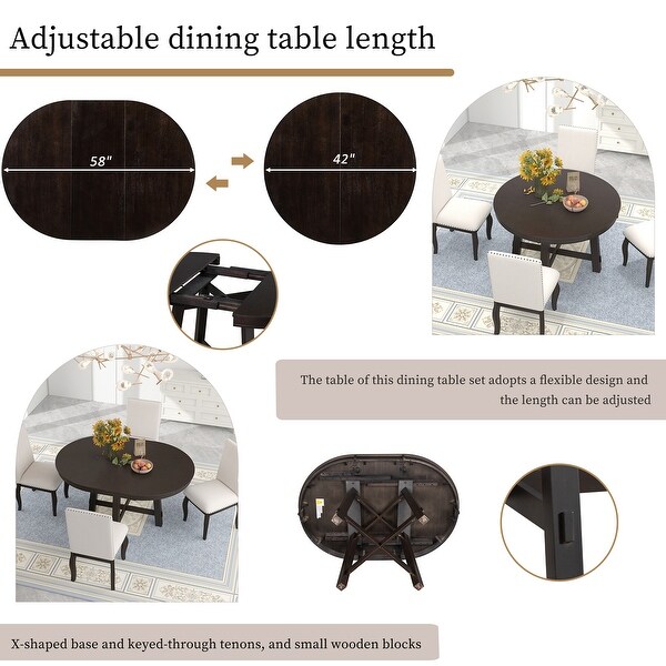 2.4in Legs Modern Style Farmhouse Round Adjustable Length Dining Table with 16