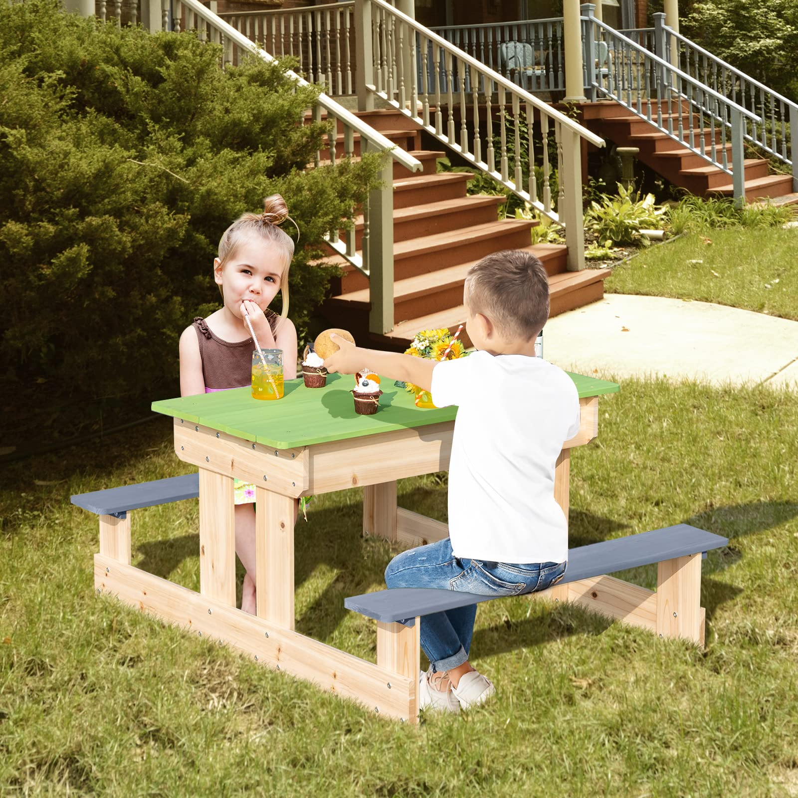 Costzon Kids Picnic Table, 3 in 1 Multipurpose Sand & Water Table w/Removable Top & 2 Storage Boxes