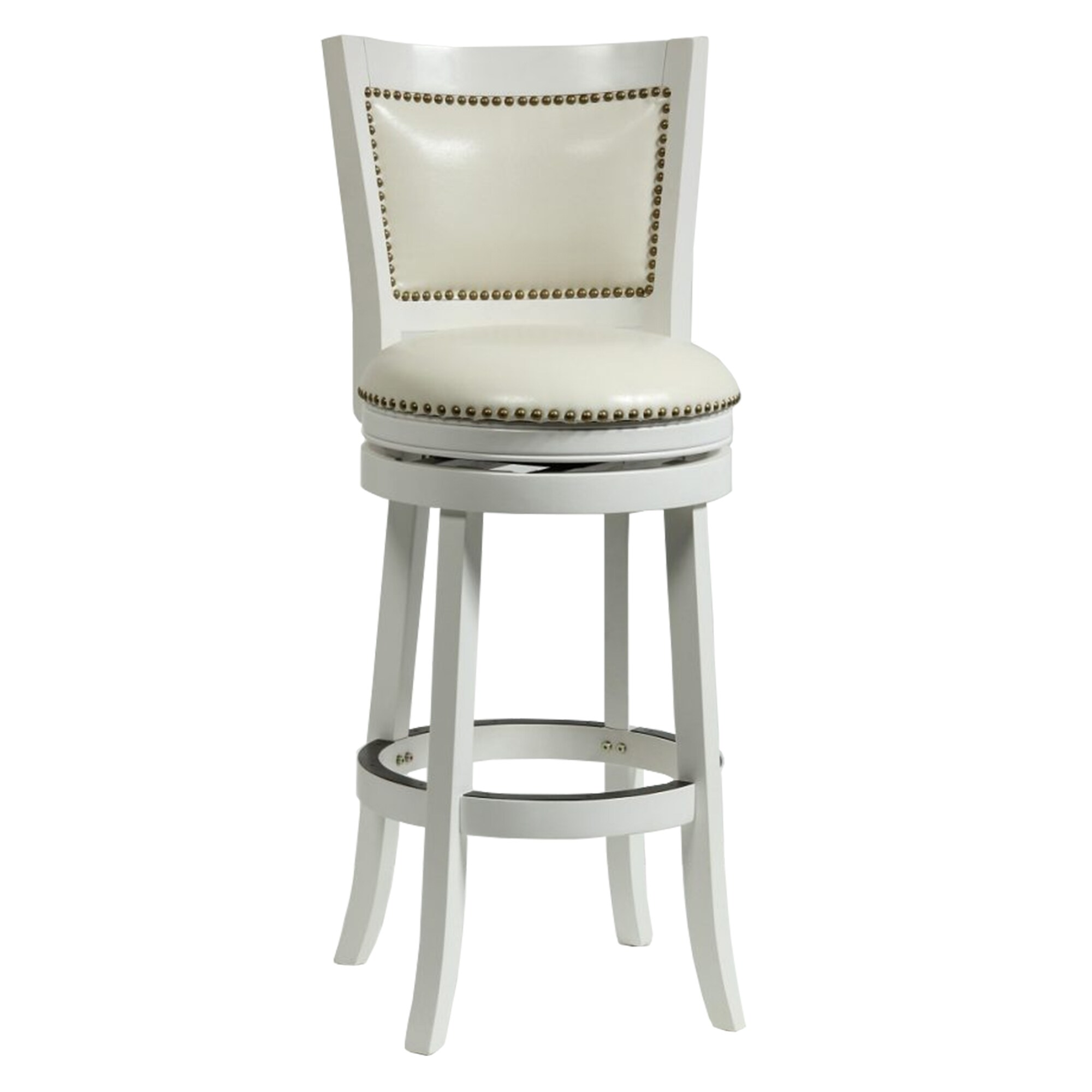 Nailhead Trim Round Leatherette Barstool with Flared Legs， White - 43.5 H x 18 W x 21.5 L Inches