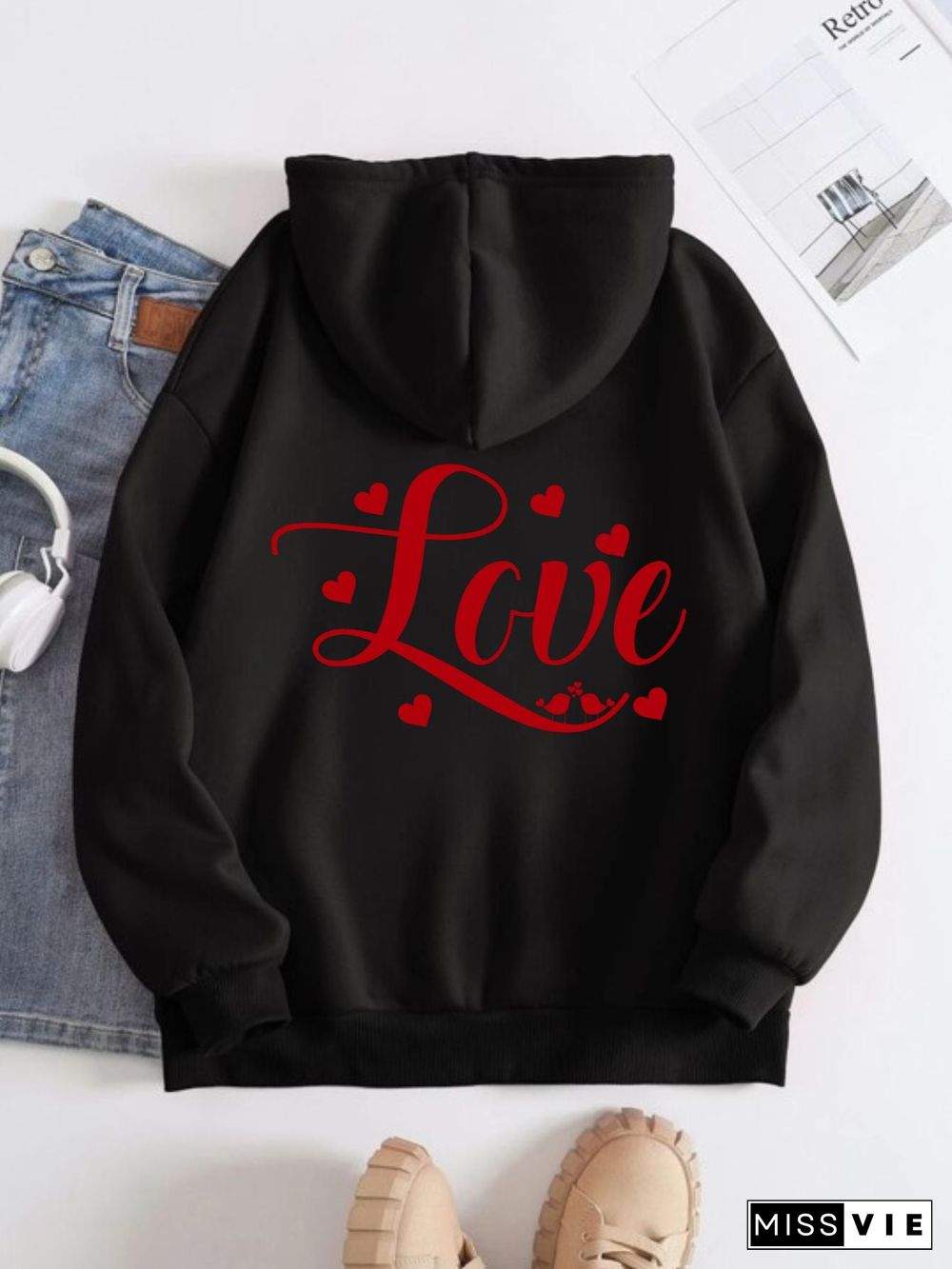 Printed on the Back Kangaroo Pocket Hoodie Long Sleeve for Women Pattern Love