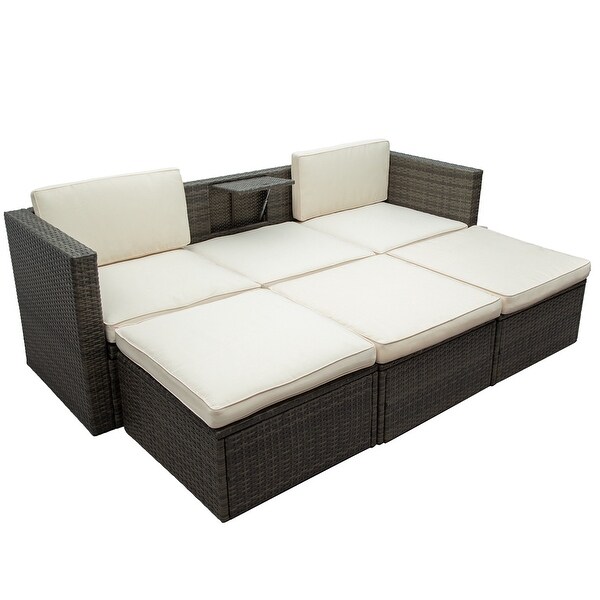 5Piece Patio Wicker Sofa with Adustable Backrest，Cushions，Ottomans and Lift Top Coffee Table