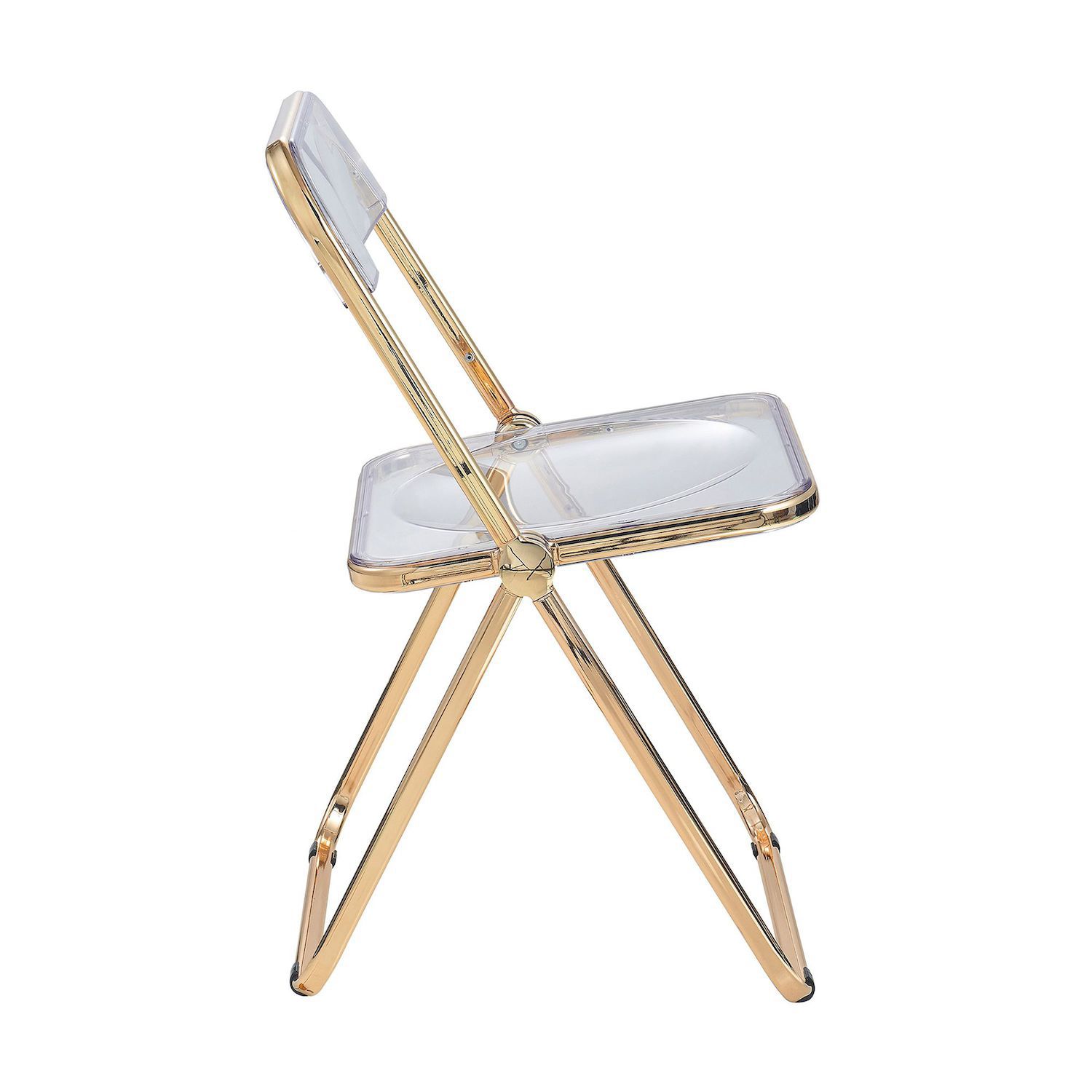 LeisureMod Lawrence Acrylic Folding Chair with Gold Metal Frame， Set of 2 - Clear