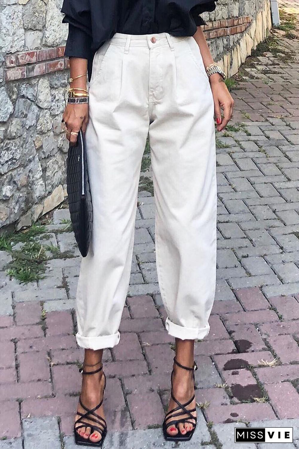 White Solid High Waist Casual Pants