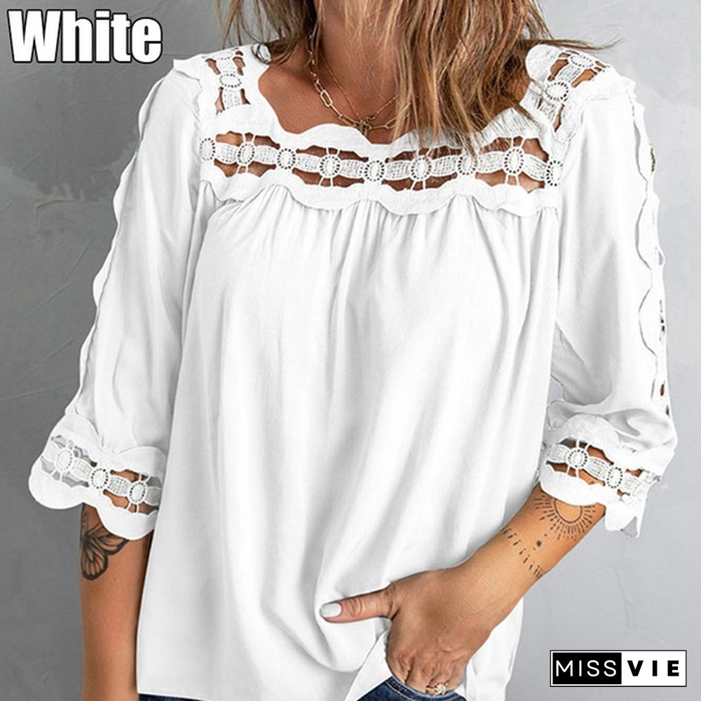 Spring and Summer Women's Stitching Lace Loose Top Casual Mid-sleeve T-shirt