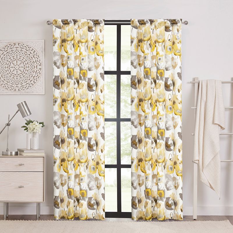 Kate Aurora Chic Living 2 Pack Semi Sheer Poppy Floral Rod Pocket Window Curtains