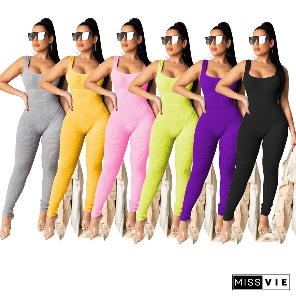 Summer Women High Waist Solid Color Vest Jumpsuits