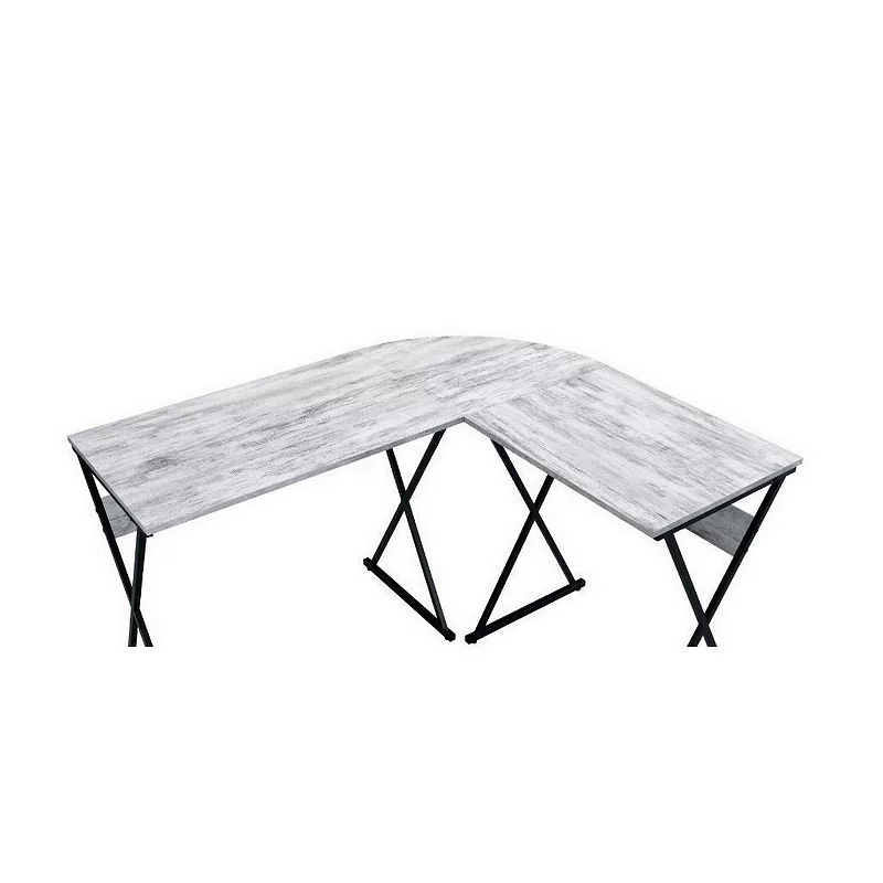 Writing Desk with L Shape and X Metal Legs， Antique White