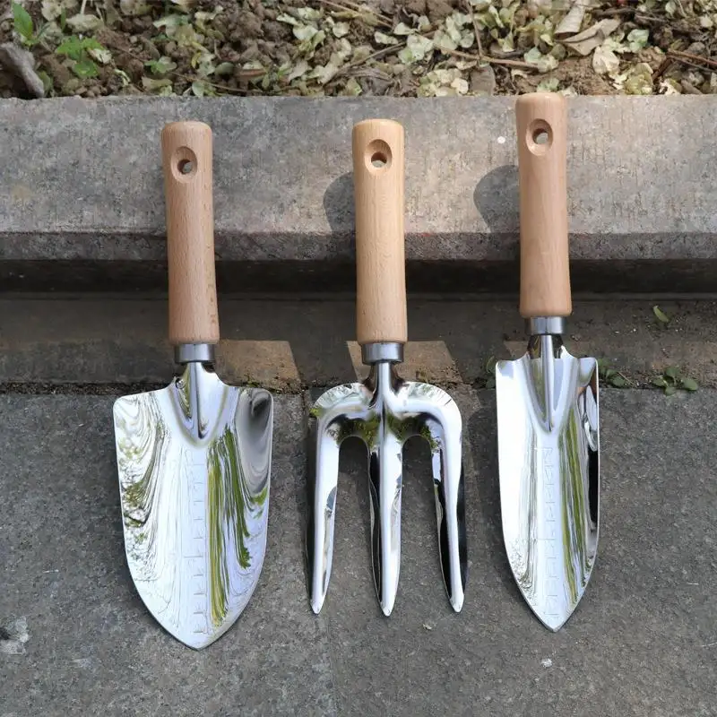 Wholesales Japanese Garden Tool Set 3 Pcs Heavy Duty Stainless Steel Large Transplant Trowel Hand Cultivator With Wood Handle