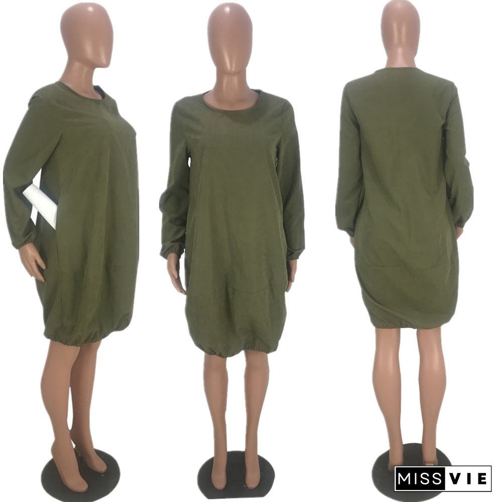 Solid Loose Simple Long Sleeve Elastic Hem Dress