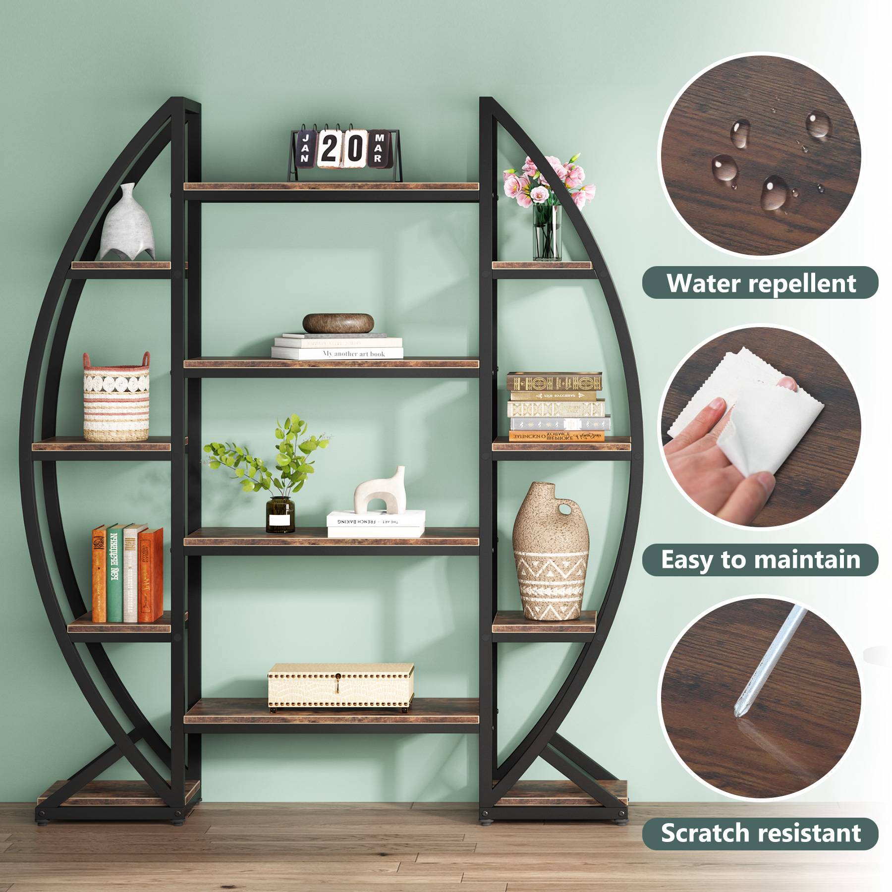 Industrial Bookshelf, Oval Triple Wide Etagere Bookcases Display Shelves