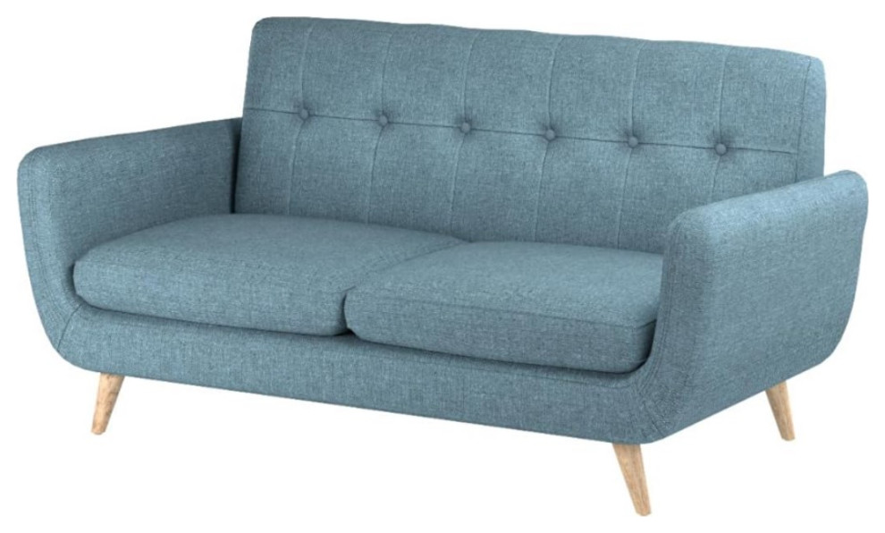 Mid Century Sofa  Angled Legs and Padded Seat With Button Tufted Back  Blue   Transitional   Sofas   by Declusia  Houzz