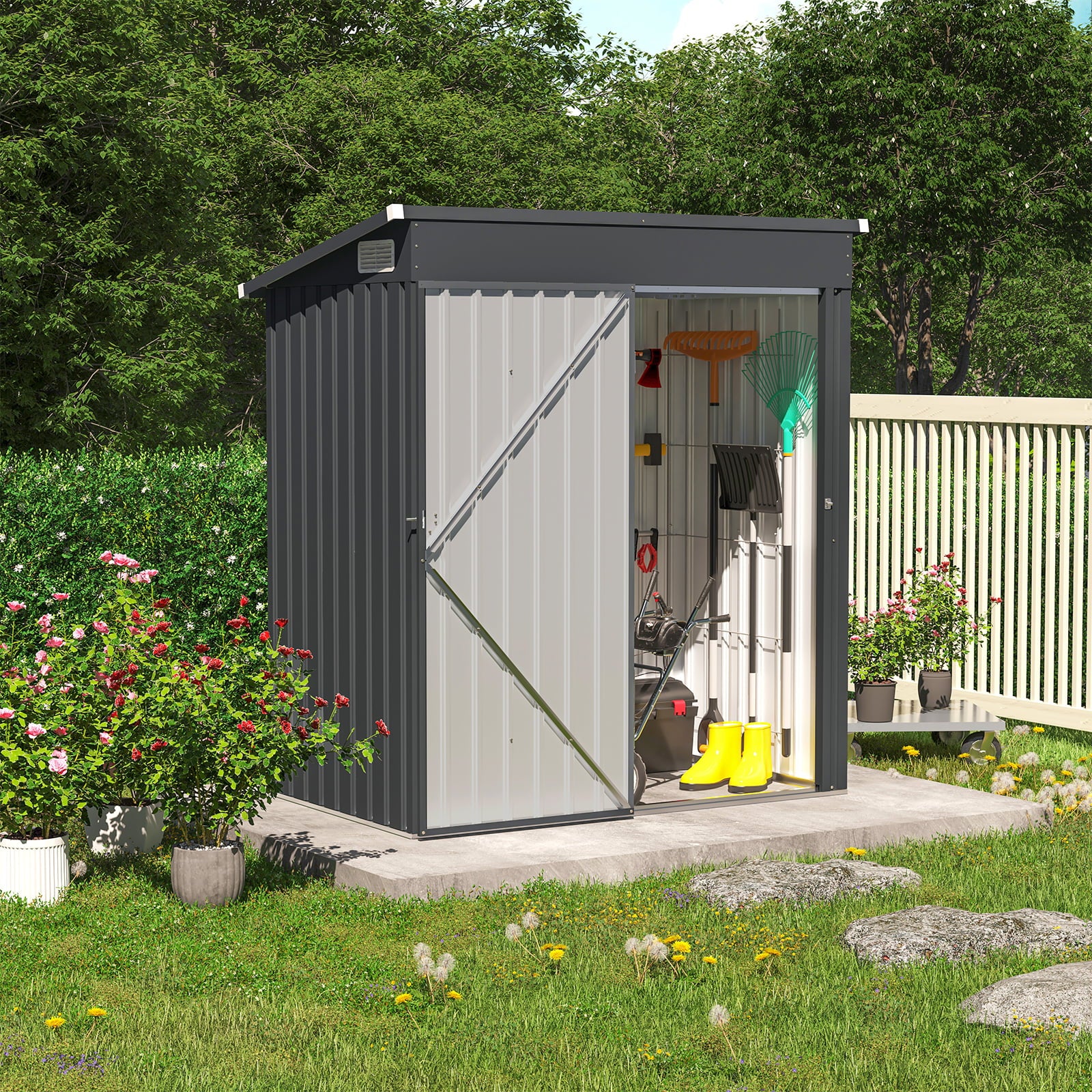 OC Orange-Casual 5' x 3' FT Outdoor Storage Shed, Metal Garden Tool Shed with Lockable Door, Outside Sheds & Storage Galvanized Steel, Black