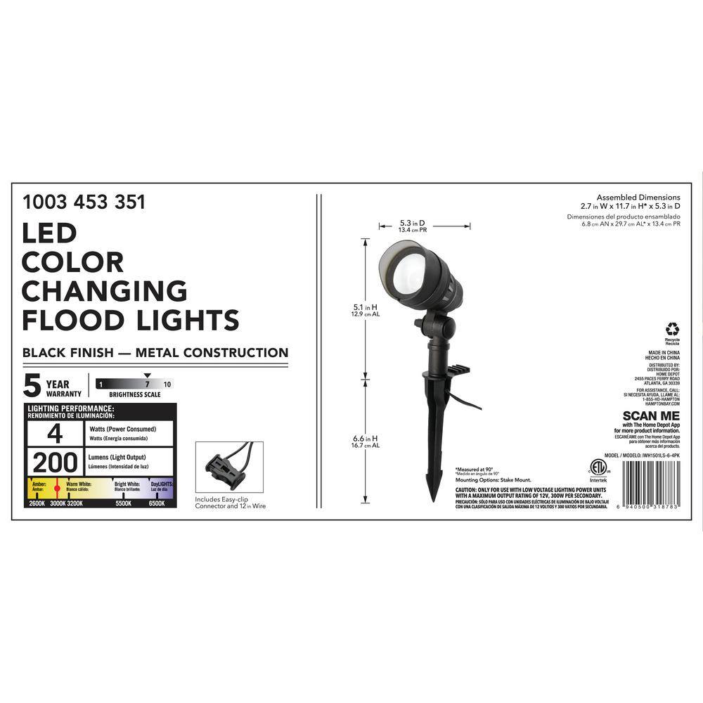 Hampton Bay Low Voltage Black Hardwired CCT Change Integrated LED Landscape Flood Light with Adjustable Lamp Head (4-Pack) IWH1501LS-6-4PK