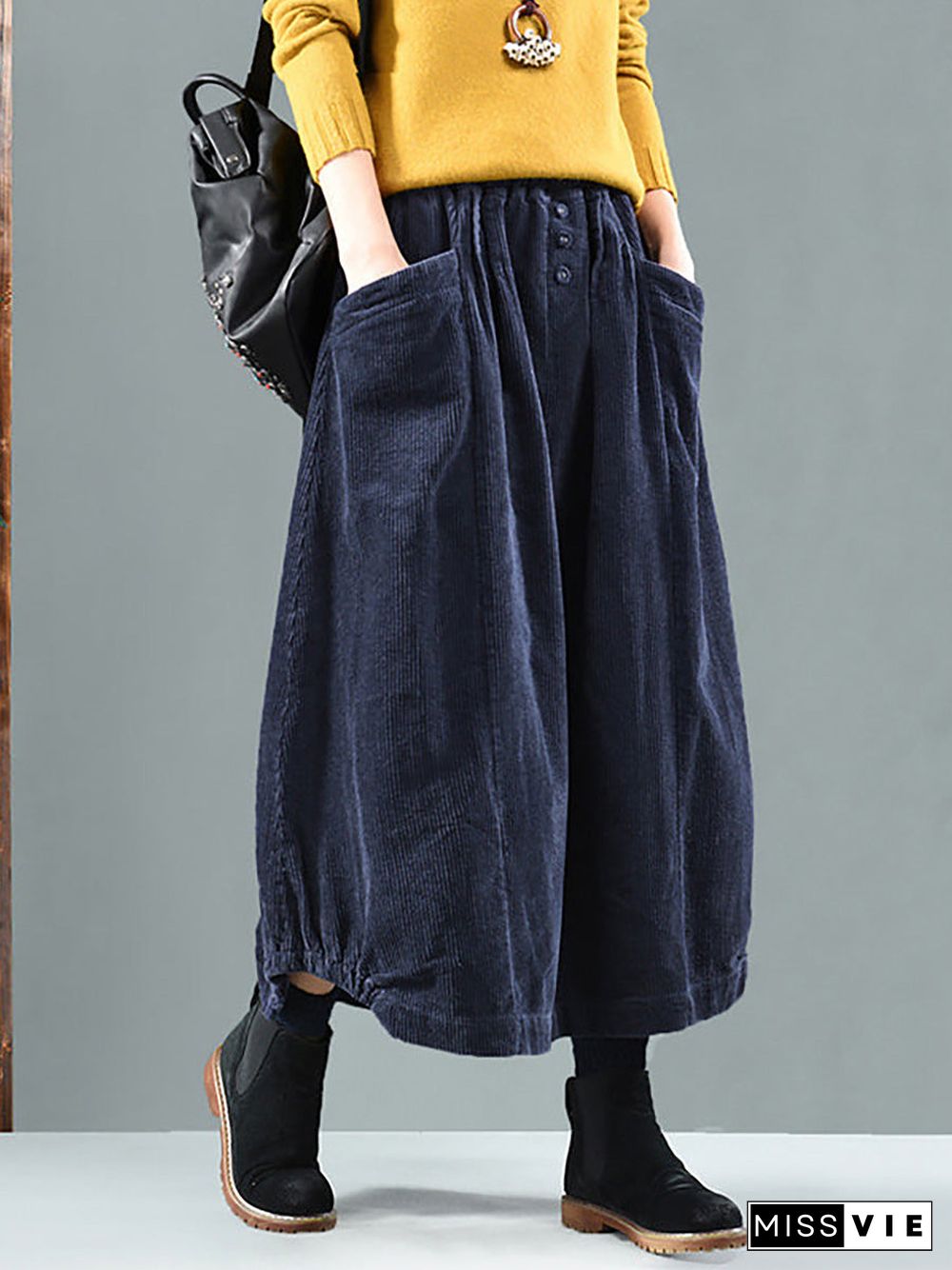 Plus Size Elastic Waist Calf Length Spring Corduroy Skirt