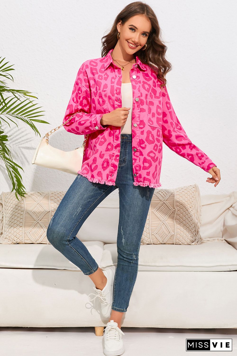 Pink Leopard Print Button Cuffs Raw Hem Jacket