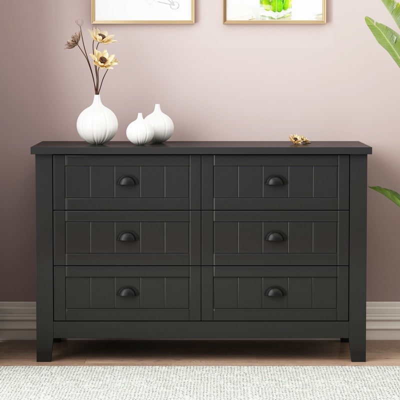 Black 6 Drawer Double Dresser Bedroom Storage Cabinet - - 36966266