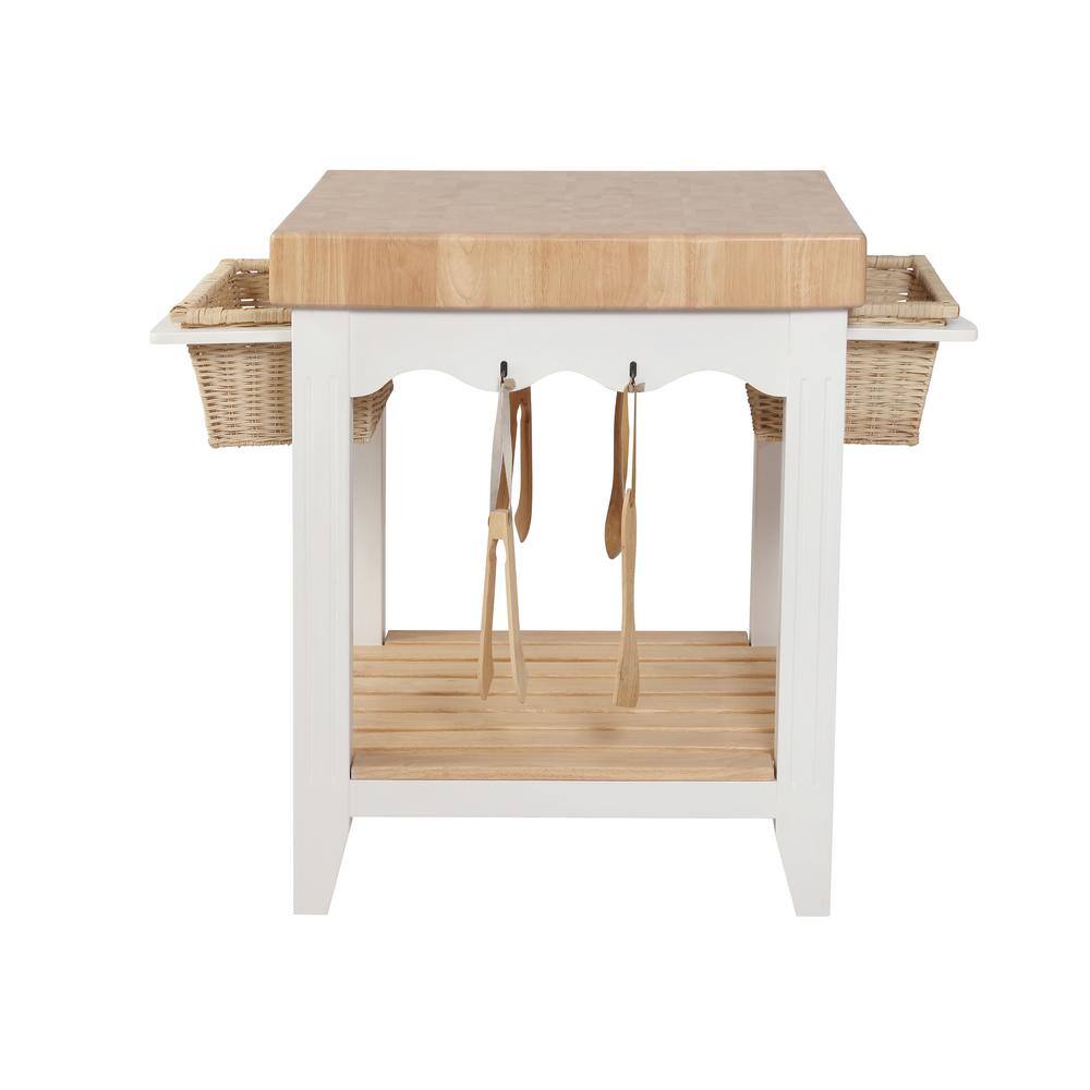 Powell Company Kolton White Kitchen Island with Butcher Block Style Top and Storage HD1225D19