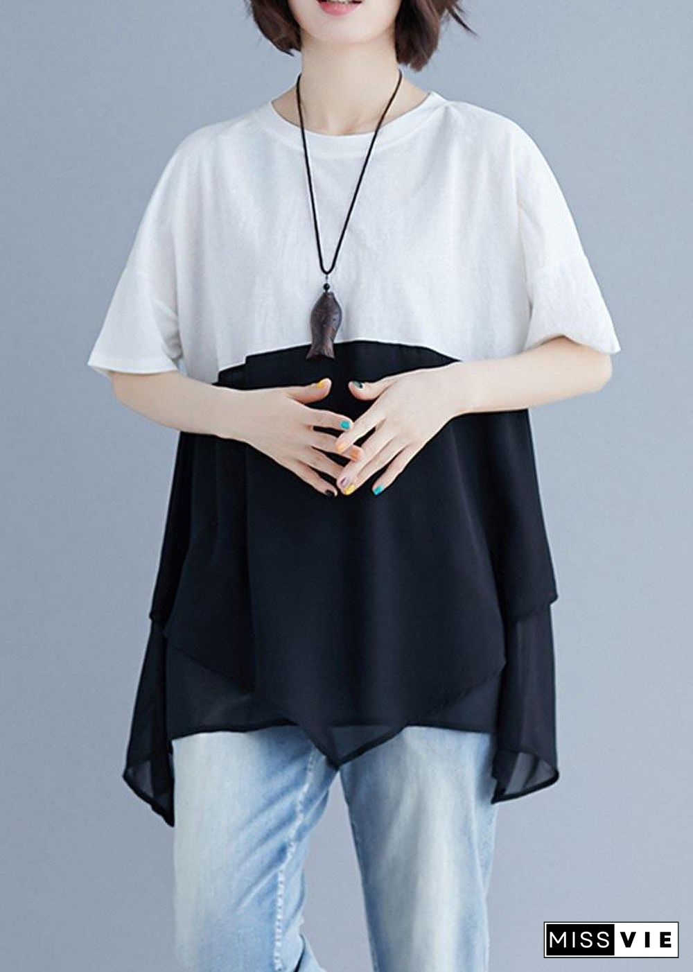 French o neck patchwork chiffon shirts women Inspiration white shirt summer