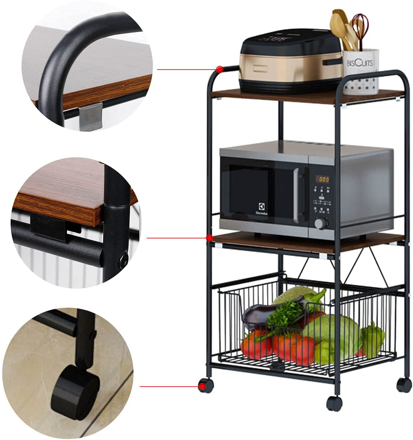 MONIPA Kitchen Shelf Kitchen Baker’s Rack with Storage Kitchen Shelf Organizer Rack Industrial Microwave Cart Kitchen Stand Free Standing Kitchen Utility Storage Shelf (3-Tier-Black)