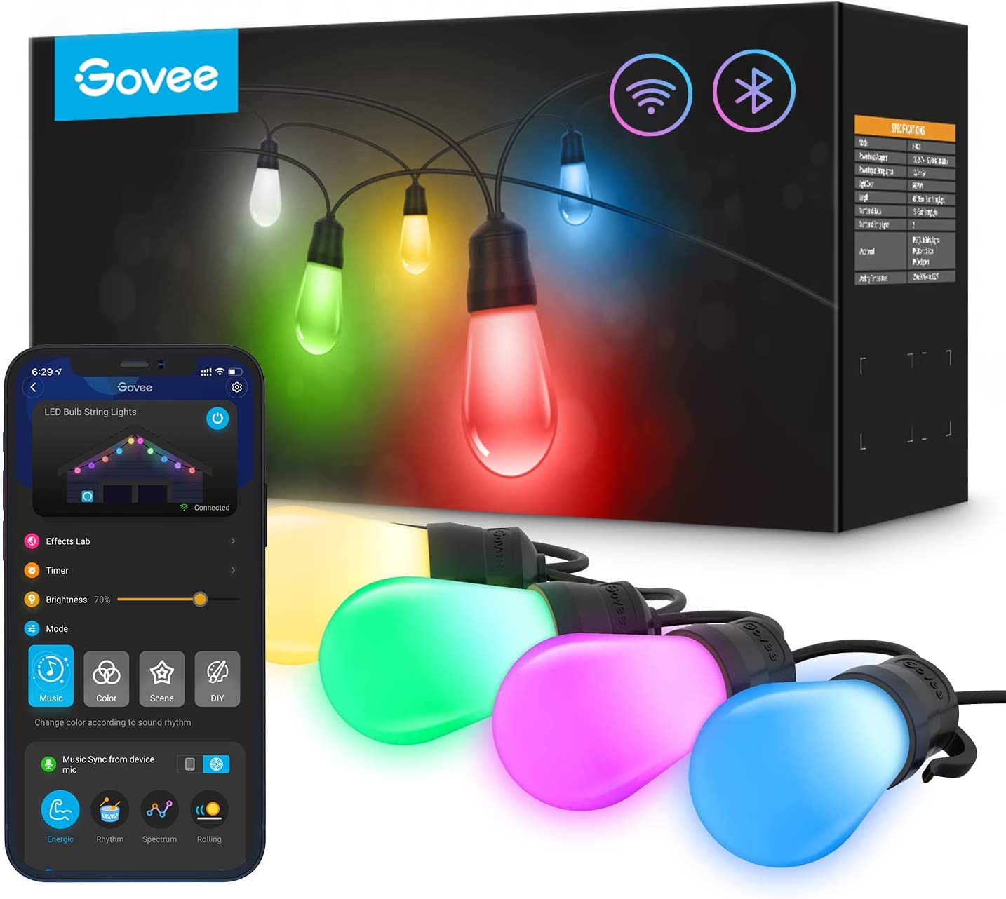 Govee Smart Outdoor String Lights， 96ft RGBIC Patio Lights with 30 Dimmable Warm White LED Bulbs， IP65 Waterproof WiFi APP Control Outdoor String Lights Work with Alexa for Balcony， Backyard， Party