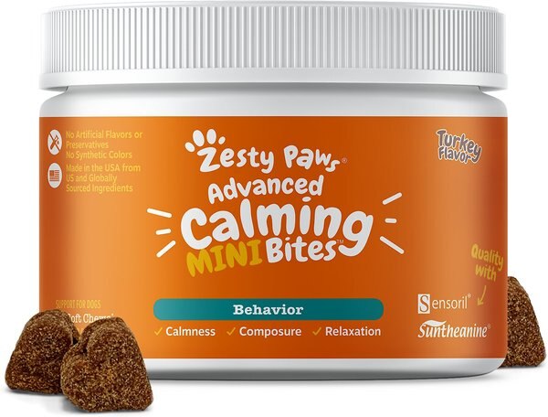 Zesty Paws Advanced Calming Mini Bites Turkey Flavored Soft Chew Calming Supplement for Dogs， 90 count