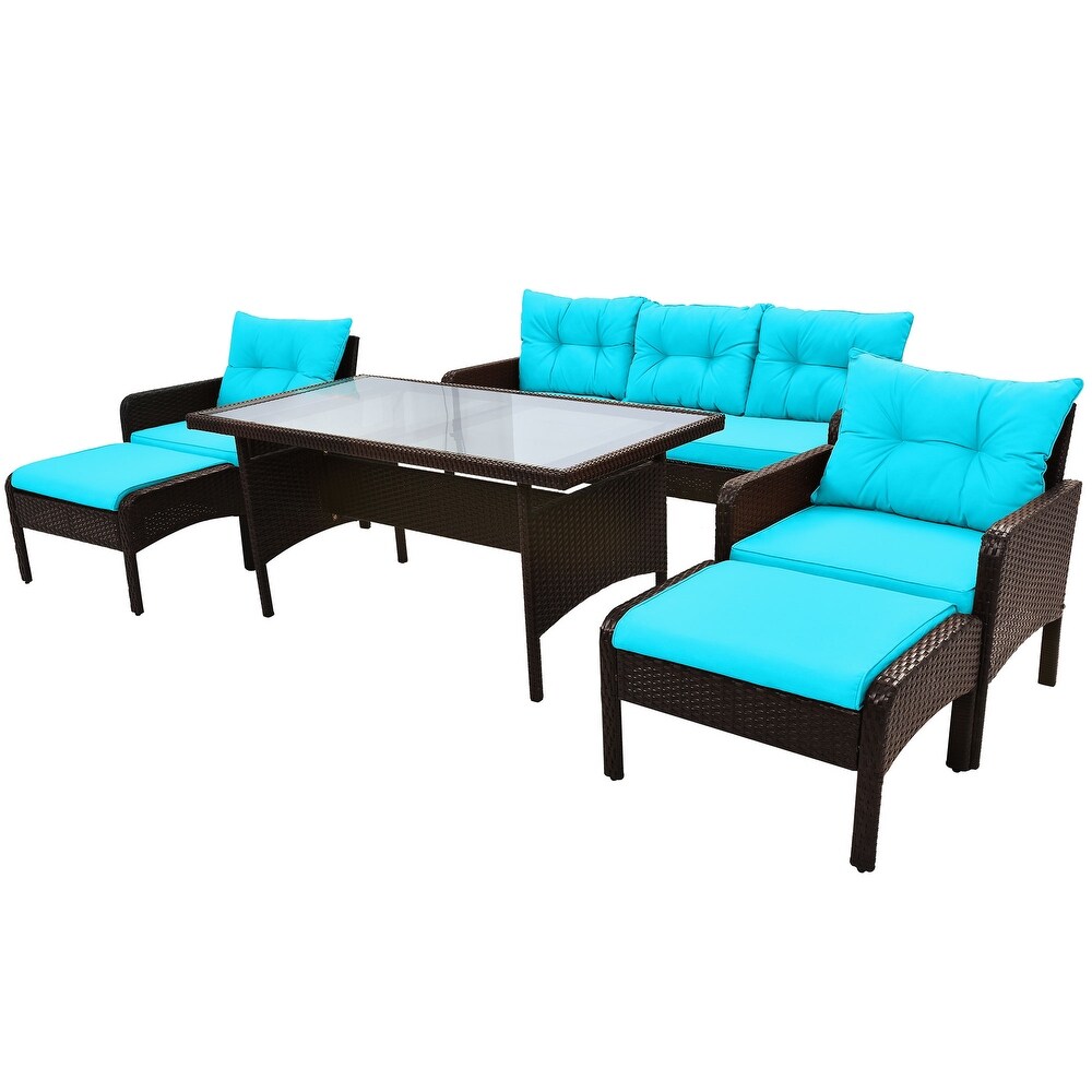 6 Piece Outdoor Patio PE Wicker Rattan Sofa Set Dining Table Set with Removable Cushions and Tempered Glass Tea Table