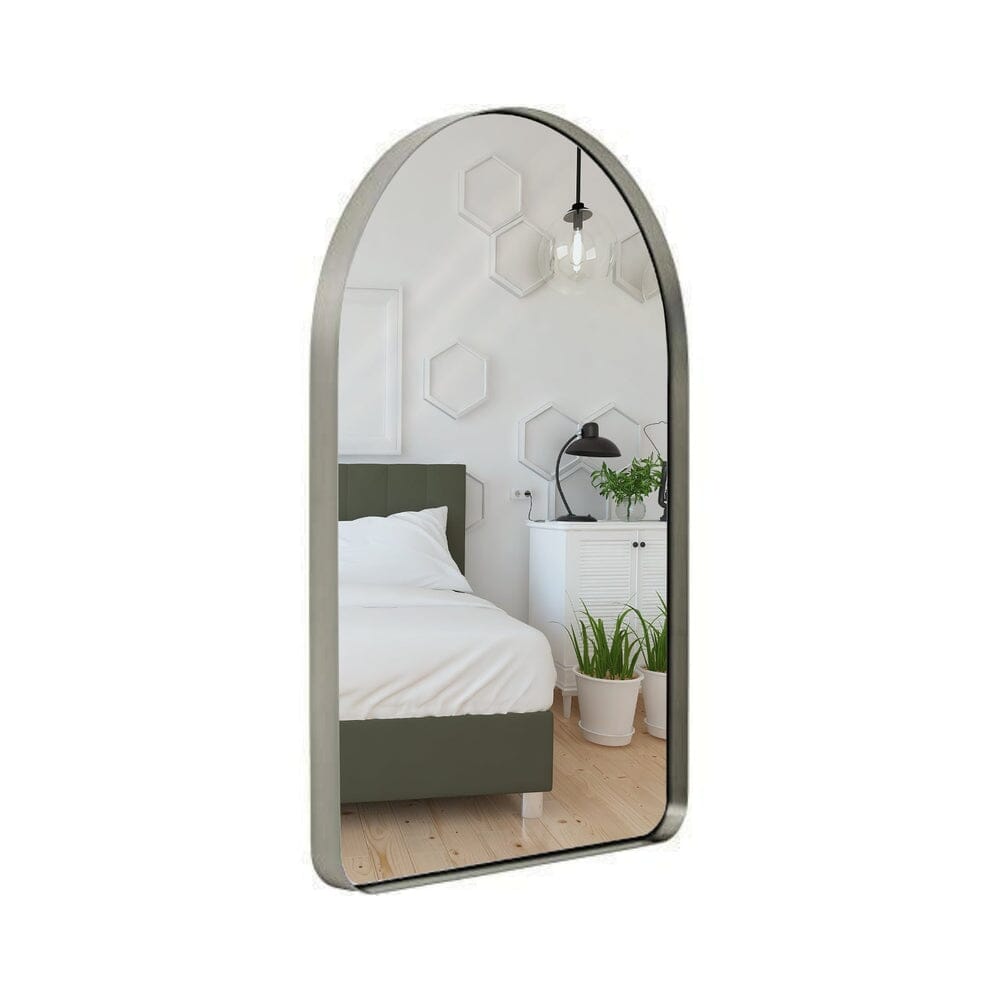 Top Rounded Corner Deep Set Brushed Silver Metal Wall Mirror(24