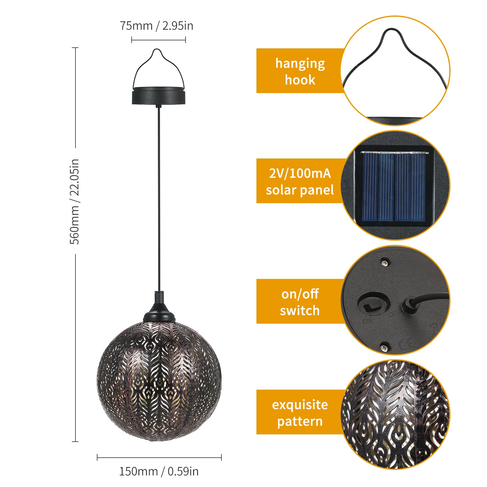 Tomshine Solar Lantern Outdoor，Hanging Solar Garden Light Retro Metal Round Ball Design Waterproof for Patio Garden Courtyard Pathway