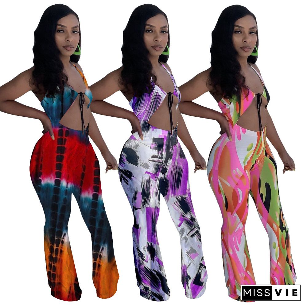 Elegant Printed Women Sleveeless Halter Hollow Out Party Clubwear Summer One Piece Wide Leg Jumpsuit