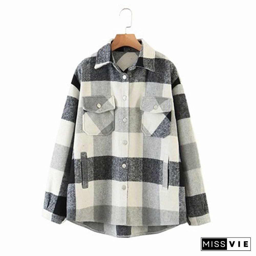 Womens Plaid Shirt Jacket Coat Ladies Pockets Thick Turn Down Collar Plus Size Female Outerwear